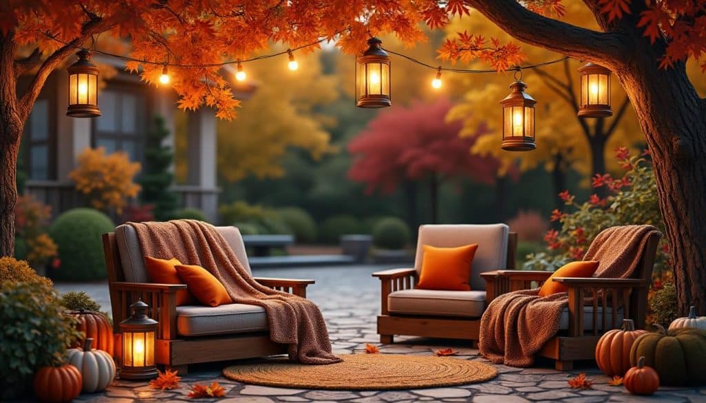 découvrez nos idées de déco extérieure pour l’automne : habillez votre jardin ou terrasse de lanternes chaleureuses, de plaids douillets et de couleurs automnales pour une ambiance cosy et accueillante.