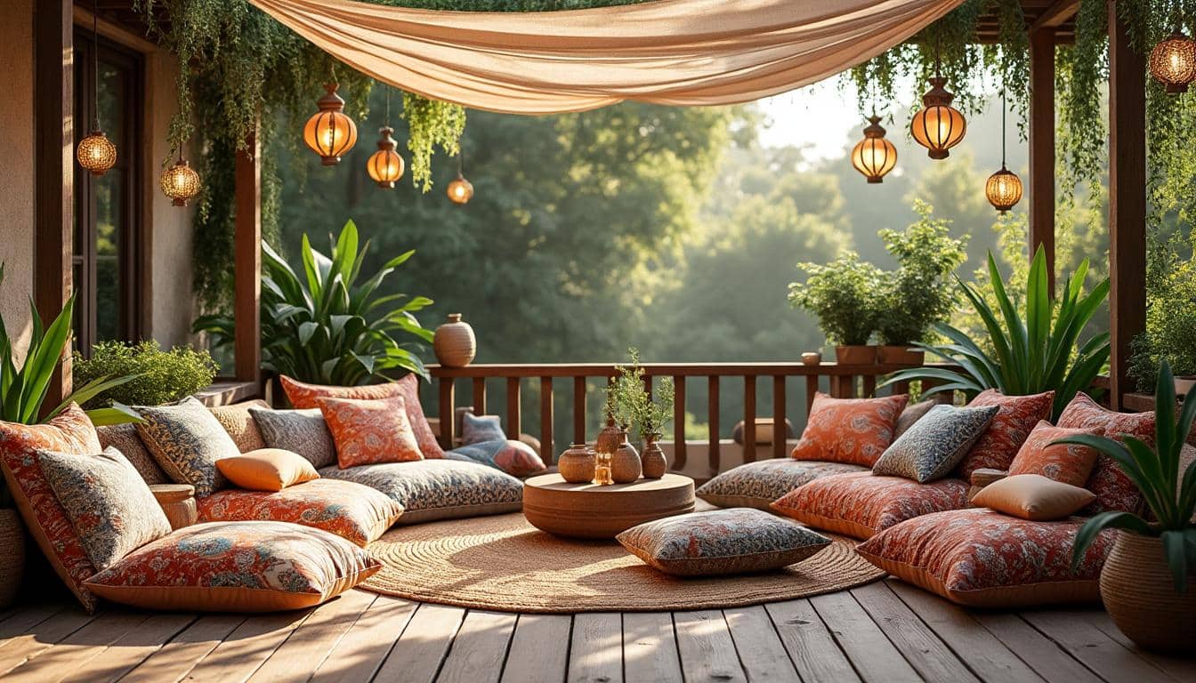 découvrez comment la décoration de terrasse bohème crée une ambiance cosy en multipliant les coussins de sol pour un espace chaleureux et convivial.
