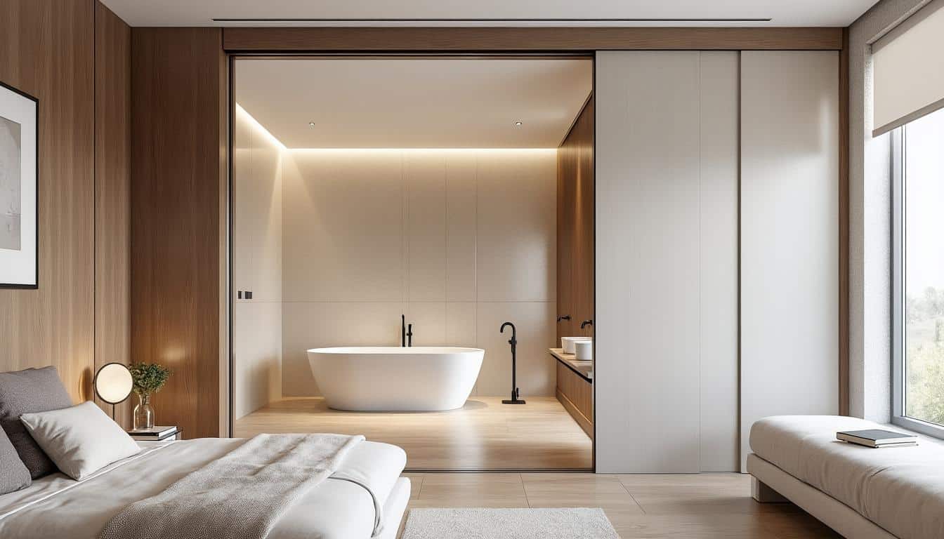 découvrez comment les portes à galandage optimisent l'espace et facilitent le passage entre la chambre et la salle de bain pour un intérieur fluide et élégant.