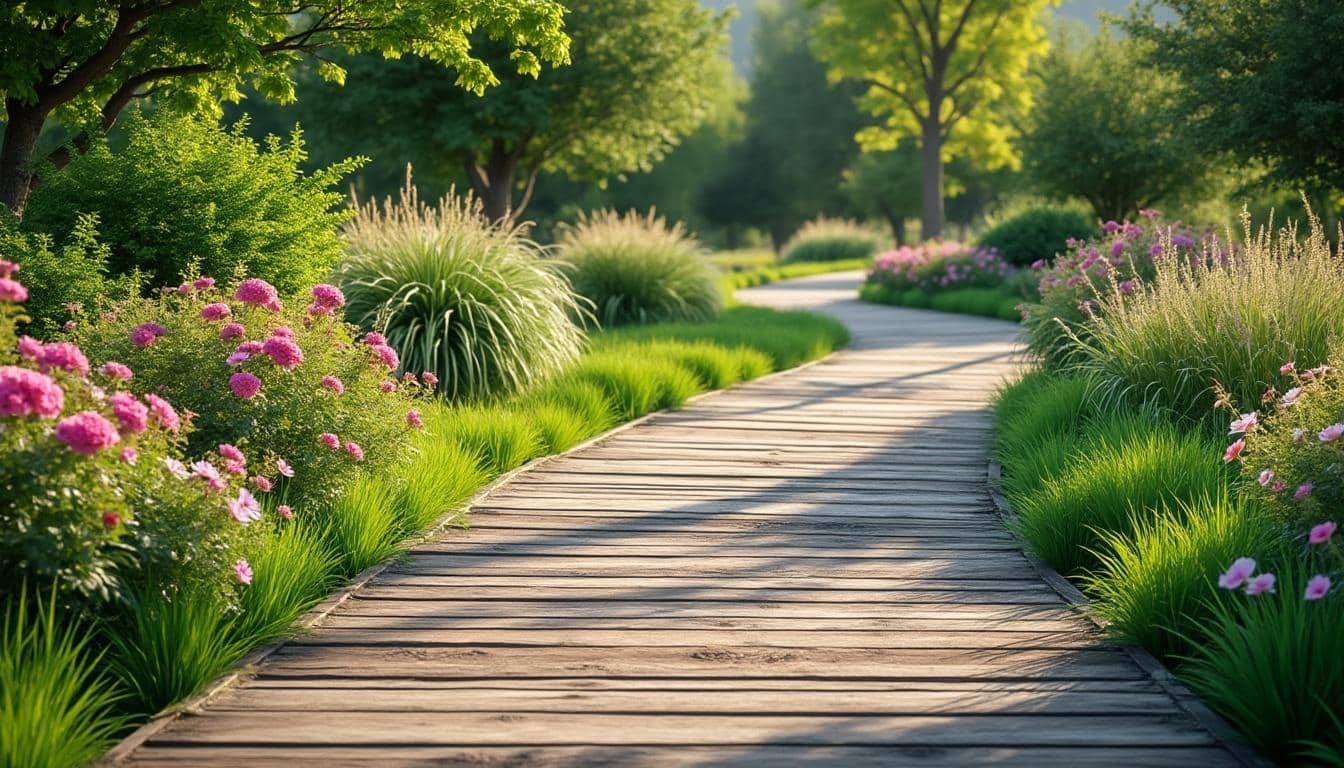 découvrez comment un chemin de bois élégant relie harmonieusement votre terrasse au fond du jardin, ajoutant charme et fonctionnalité à votre espace extérieur.