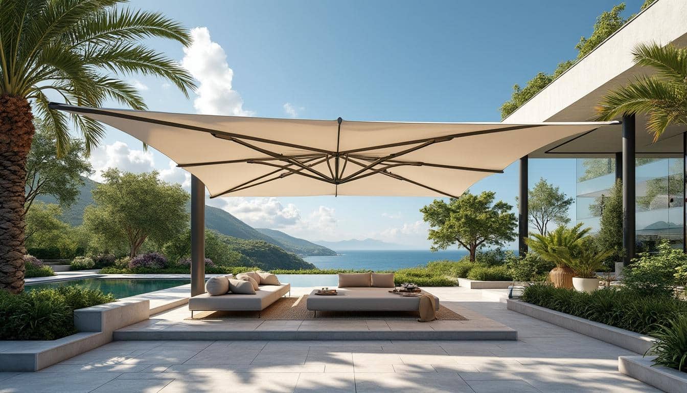 découvrez le parasol déporté, idéal pour protéger une grande surface de votre espace repas extérieur avec style et praticité.