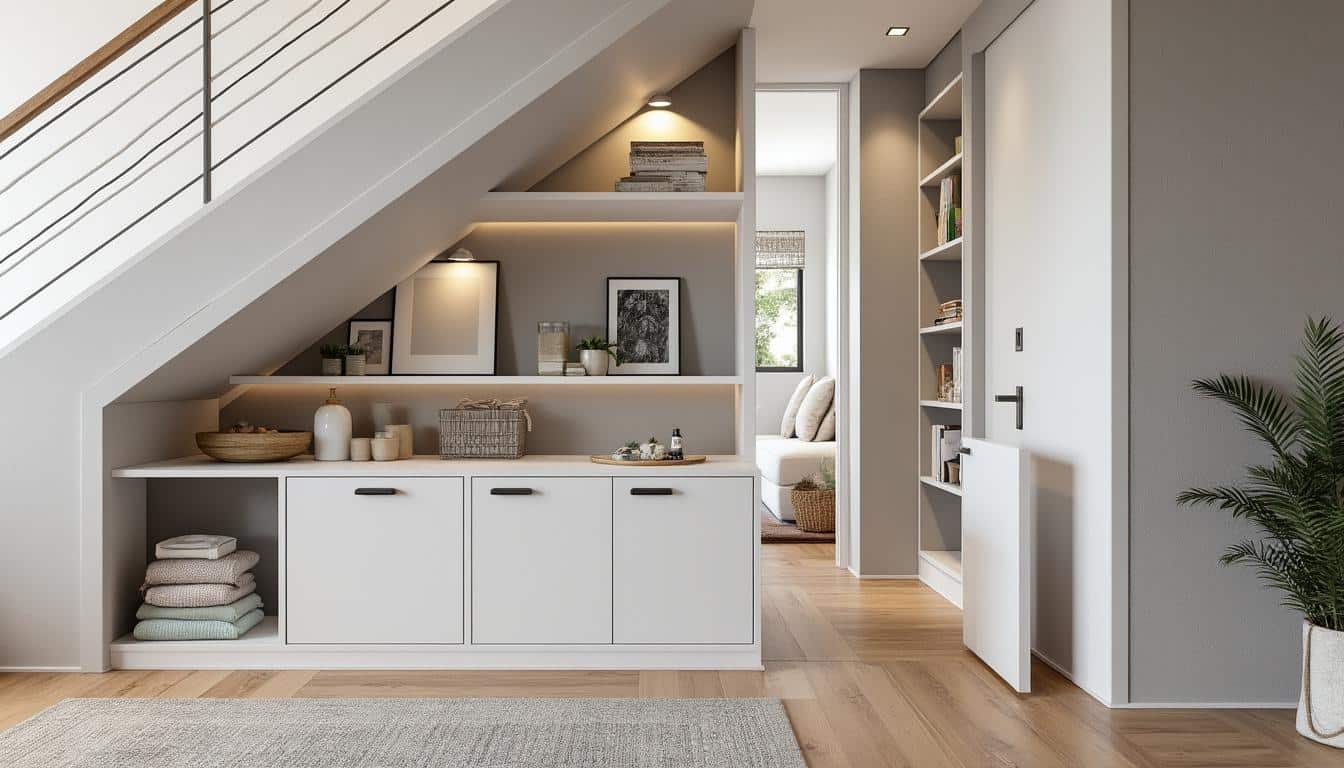 optimisez votre espace avec un rangement sous l'escalier pratique pour organiser chaussures et manteaux, alliant fonctionnalité et style.