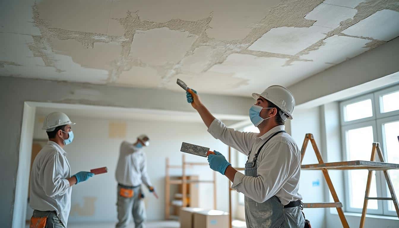 les travaux de plâtrerie permettent de lisser les plafonds endommagés après un sinistre, assurant une finition parfaite et une restauration rapide de votre intérieur.
