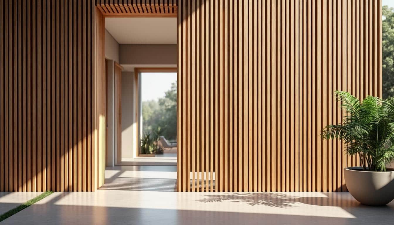 découvrez comment le claustra en bois filtre délicatement la lumière tout en délimitant élégamment l'entrée de votre espace.