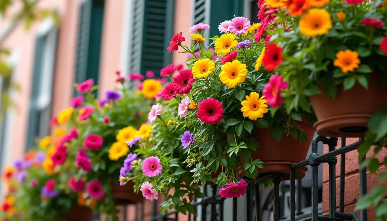 découvrez comment les jardinières suspendues apportent des touches de couleur et de vie aux balustrades de votre balcon, transformant votre espace extérieur en un véritable jardin suspendu.