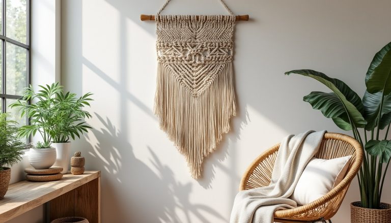 apportez une touche artisanale et chaleureuse à votre intérieur avec la décoration murale en macramé, parfaite pour un style unique et naturel.