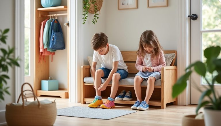 découvrez notre banc d'entrée pratique qui facilite le chaussage quotidien des enfants, alliant confort et organisation pour un espace d'accueil ordonné.