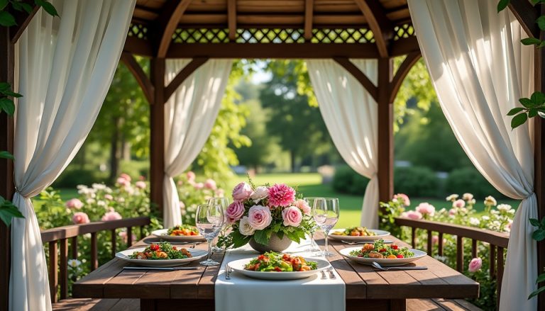 découvrez comment un gazebo de jardin apporte un abri élégant et convivial pour profiter pleinement des repas d'été en plein air.