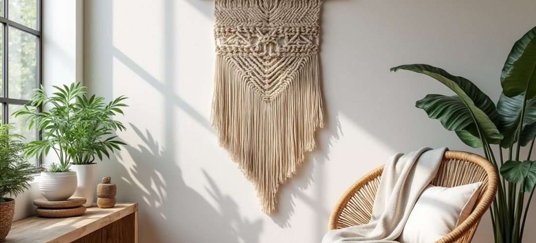 apportez une touche artisanale et chaleureuse à votre intérieur avec la décoration murale en macramé, parfaite pour un style unique et naturel.