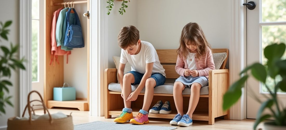 découvrez notre banc d'entrée pratique qui facilite le chaussage quotidien des enfants, alliant confort et organisation pour un espace d'accueil ordonné.