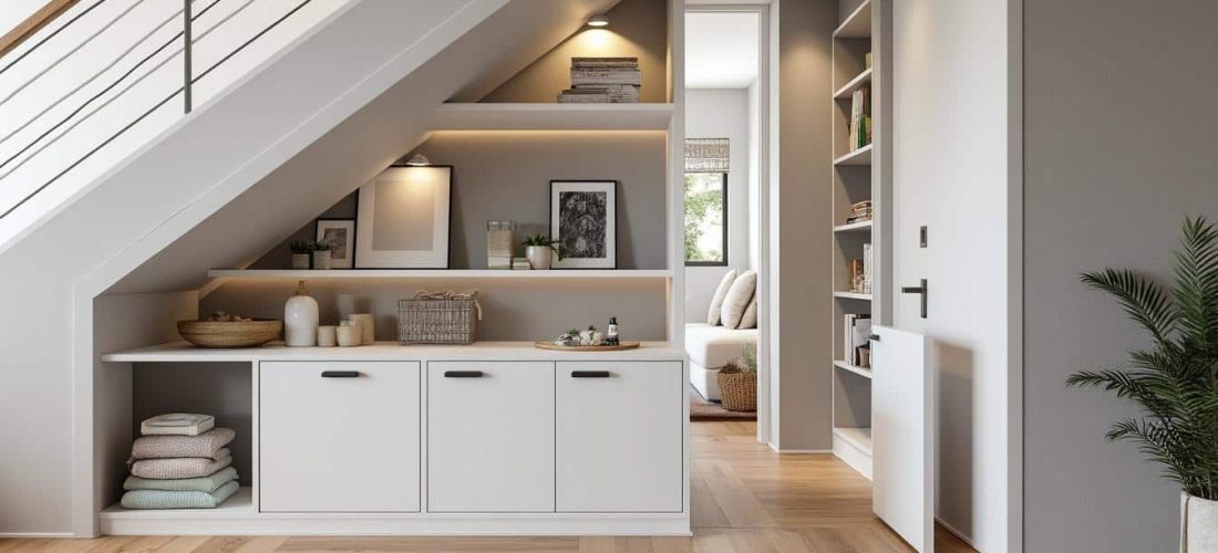optimisez votre espace avec un rangement sous l'escalier pratique pour organiser chaussures et manteaux, alliant fonctionnalité et style.