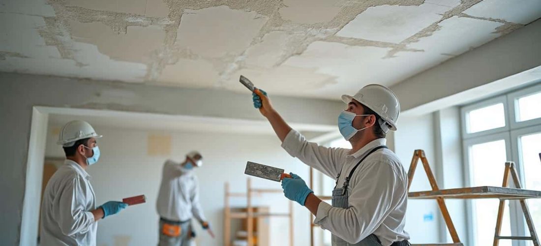 les travaux de plâtrerie permettent de lisser les plafonds endommagés après un sinistre, assurant une finition parfaite et une restauration rapide de votre intérieur.